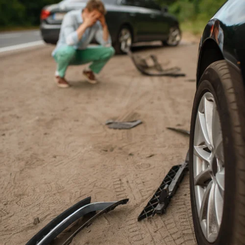 Zwei Autos haben einen Schaden durch einen Spurwechsel erlitten. Ein Mann hockt auf dem Boden zwischen den Fahrzeugen.